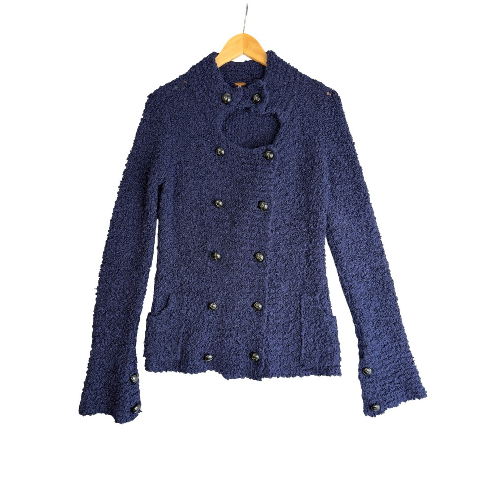 Free People Boucle Mohair Wool Cardigan Jacket M Navy Blue Military Academia Y2K